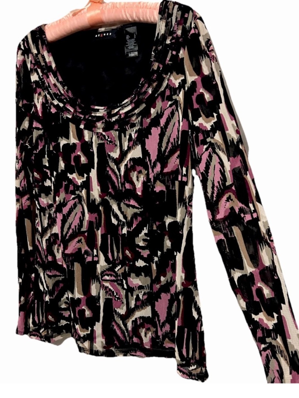 Axcess Top L Black Purple Hippie Nylon Stretch Knit Shirt Blouse Y2K Vintage